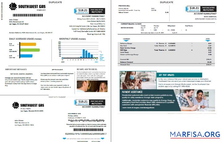 Downloadable USA Southwest Gas utility bill template in Word and PDF formats, 2 pages